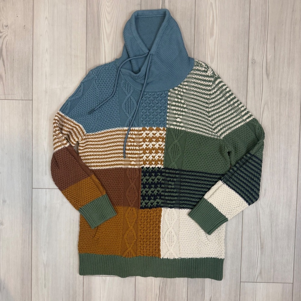 LL Bean Signature Womens XL Patchwork Cotton Cable Knit Cowl Neck Sweater 509593